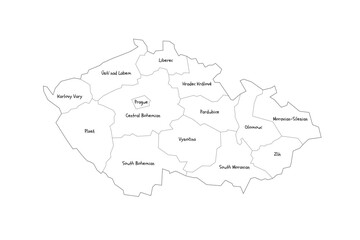 Czech Republic political map of administrative divisions - regions. Handdrawn doodle style map with black outline borders and name labels.