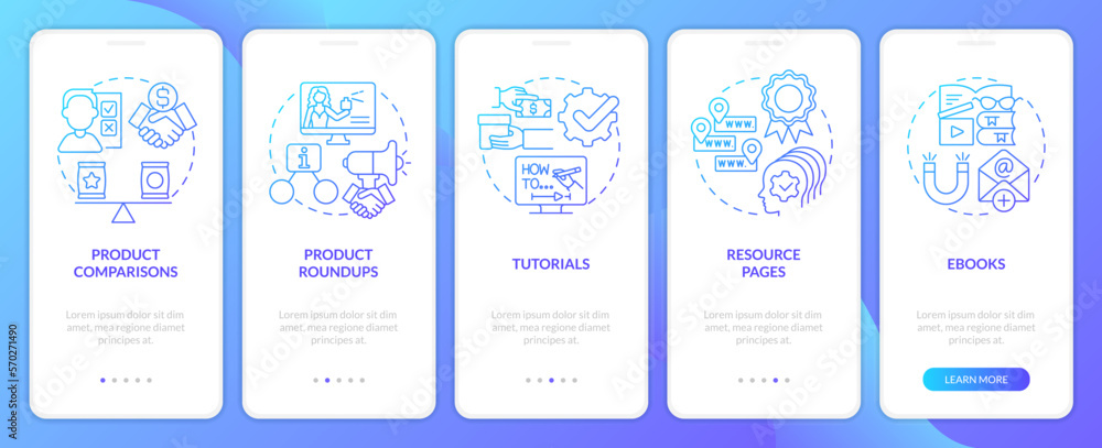 Poster content for affiliate website blue gradient onboarding mobile app screen. walkthrough 5 steps graphi