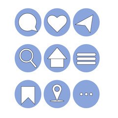 Set of social media, app, website user interface icons. Comment, like, share, save, bookmark.