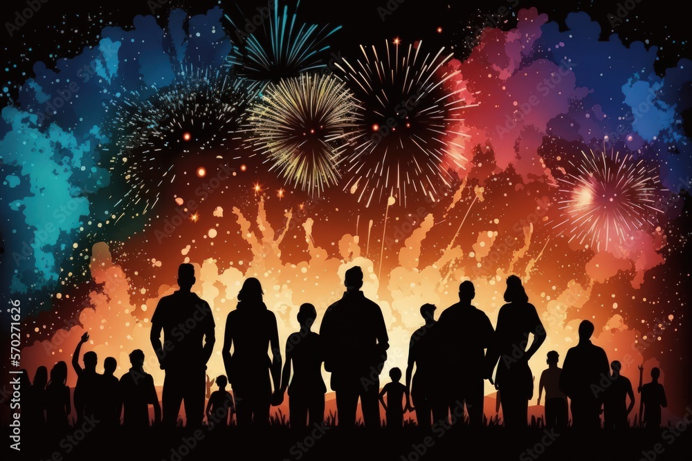 Poster large fireworks display with spectators in silhouettes. generative ai