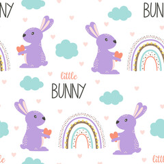 seamless pattern with cute rabbit and rainbow