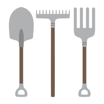flat set of garden tools equipment shovel, rake and pitchfork