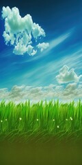 Green meadow under blue sky with clouds. Generative AI