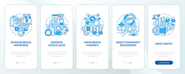 Social media advertising goals blue onboarding mobile app screen. SMM walkthrough 5 steps editable graphic instructions with linear concepts. UI, UX, GUI template. Myriad Pro-Bold, Regular fonts used