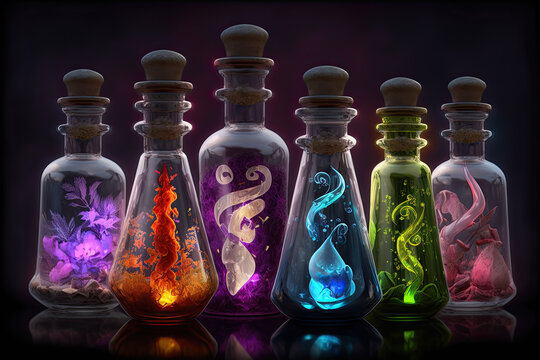 colourful potion bottles, alchemy. Generative AI image.