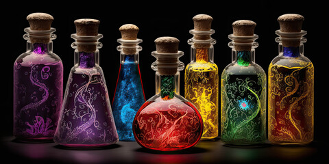 colourful potion vials. Generative AI image. - obrazy, fototapety, plakaty