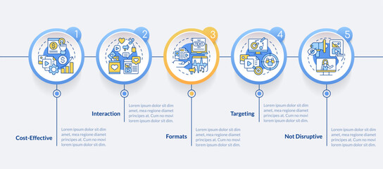 Social media advertising benefits circle infographic template. Data visualization with 5 steps. Editable timeline info chart. Workflow layout with line icons. Lato-Bold, Regular fonts used