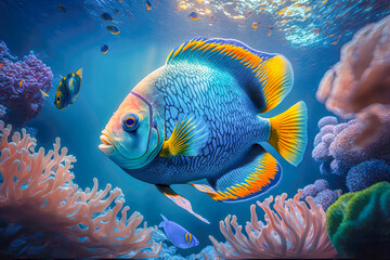 Fototapeta na wymiar tropical fish in a coral reef, illustration - Generative AI