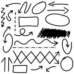 Hand drawn graphic doodle design element. Hand drawn circle arrows and abstract doodle writing design. white background.