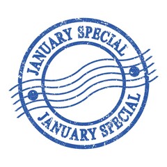 JANUARY SPECIAL, text written on blue postal stamp.