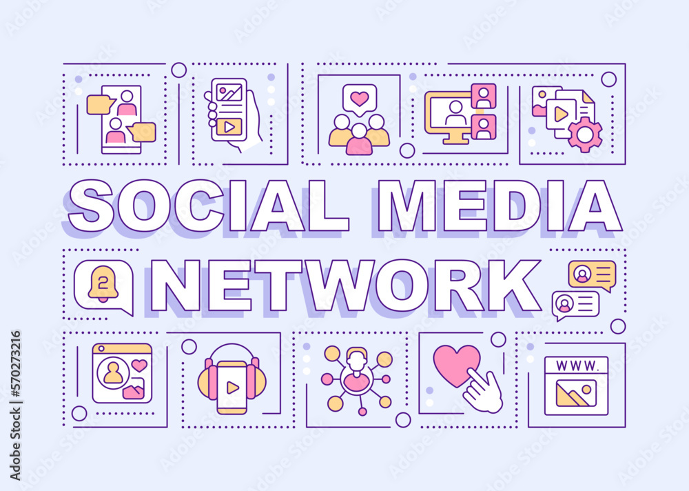 Poster social media network word concepts lilac banner. online communication. infographics with editable ic