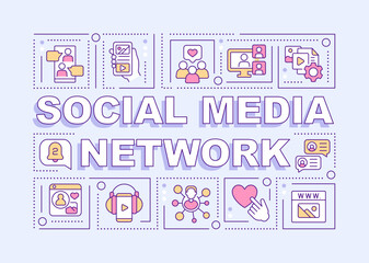 Social media network word concepts lilac banner. Online communication. Infographics with editable icons on color background. Isolated typography. Vector illustration with text. Arial-Black font used