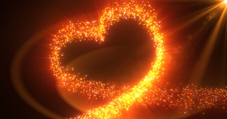 Abstract glowing festive heart love yellow gold from lines of magical energy from particles on a dark background for Valentine's Day. Abstract background