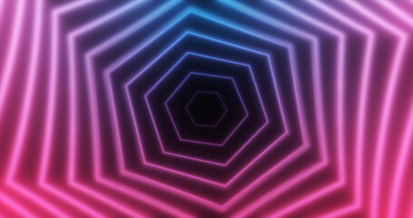 Abstract glowing neon hexagons swirling purple lines energy futuristic high tech background