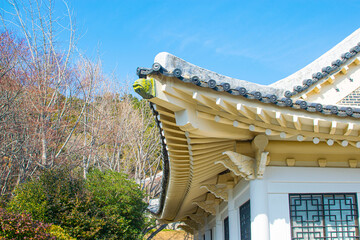 Roofer at work, installing clay roof tiles,Construction roofer installing roof tiles at house building site