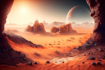 Realistic landscape of Mars, red desert with rocks - obrazy, fototapety, plakaty