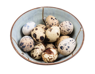 many boiled quail eggs in ceramic bowl cutout on white background