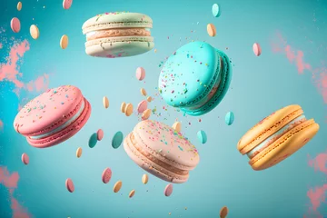 Keuken spatwand met foto Colorful macarons with sugar powder explosion moment on blue background. Neural network generated art © mehaniq41