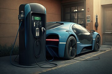 Fototapeta na wymiar Image of an electric car charging process. ai generative