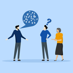Jargon, complicated conversations, hard to explain, communicate in technical words, difficult to understand language, men speak in jargon words in speech bubble dialogues that confuse people.