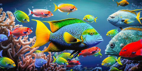 Plakat many tropical fish in a coral reef, banner, panorama, shoal, school - Generative AI