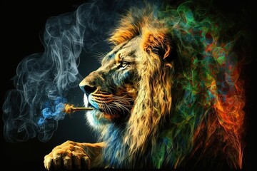 Lion Animal smoking ganja weed illustration generative ai - obrazy, fototapety, plakaty