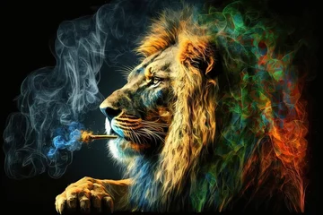 Fotobehang Lion Animal smoking ganja weed illustration generative ai © Andrea Izzotti