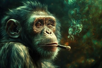 Monkey Animal smoking ganja weed illustration generative ai - obrazy, fototapety, plakaty