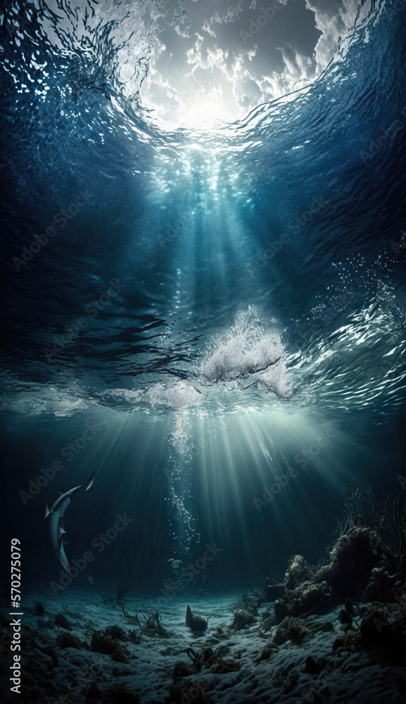 Wall mural under the water. under the ocean. beams of sunlight piercing through. underwater shot. generative ai