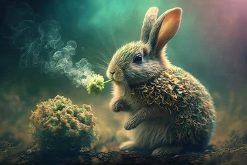 Fotobehang Rabbit hare Animal smoking ganja weed illustration generative ai © Andrea Izzotti