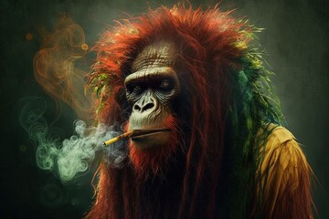 Rasta Orang Utan monkey ape As Animal smoking ganja weed illustration generative ai