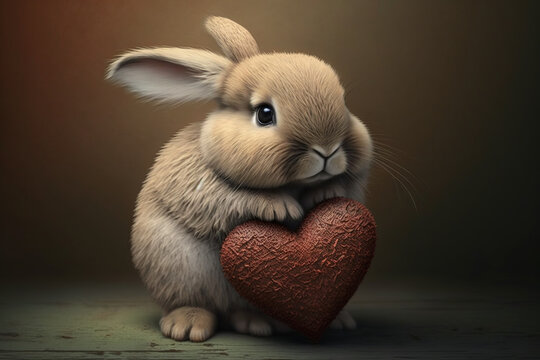 Beutiful small and cute banny holding a heart. Love. Valentine Day. Generative AI