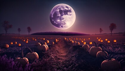 Full moon over a field of pumpkins Generative AI