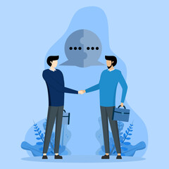 perfect couple connection concept, Success communication, discussion or interview, reach a business deal, solution or partnership deal, businessman handshake with connected speech bubble jigsaw.