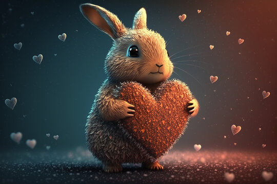 Beutiful small and cute banny holding a heart. Love. Valentine Day. Generative AI