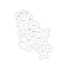 Serbia political map of administrative divisions - okrugs and autonomous city of Belgrade. Handdrawn doodle style map with black outline borders and name labels.