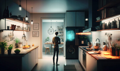 A person using a smart home system to control lights and appliances