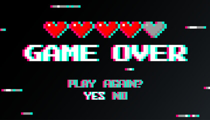 Game Over Play Again in cyber noise glitch design. Retro game backdrop. Glitched lines noise. VHS effect for your design.