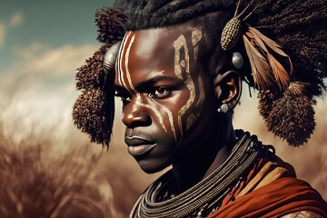 close up portrait of African tribe man wearing make up an d traditional outfit, Generative Ai not real people