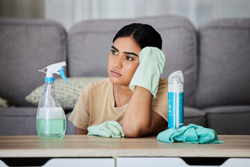 House, cleaning and bored woman thinking, tired and annoyed with household task, sad and...