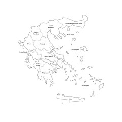 Obraz premium Greece political map of administrative divisions - decentralized administrations and autonomous monastic state of Mount Athos. Handdrawn doodle style map with black outline borders and name labels.