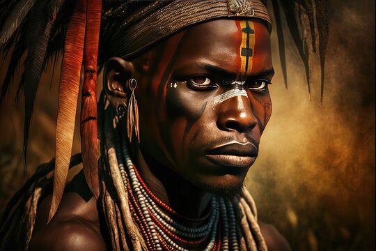 close up portrait of African tribe man wearing make up an d traditional outfit, Generative Ai not real people