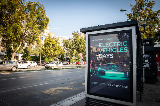 NOVI SAD, SERBIA - SEPTEMBER 4, 2022: Poster promoting Electric cars and electric vehicles in Serbia, in Novi sad, where alternative transportation solutions are progressively being developed.