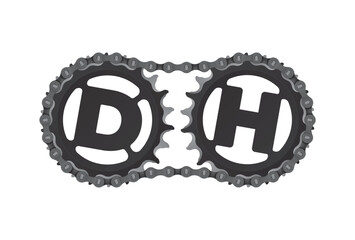 Vector bike realistic chain gears with the inscription DH inside the individual gears. Isolated on a grey background