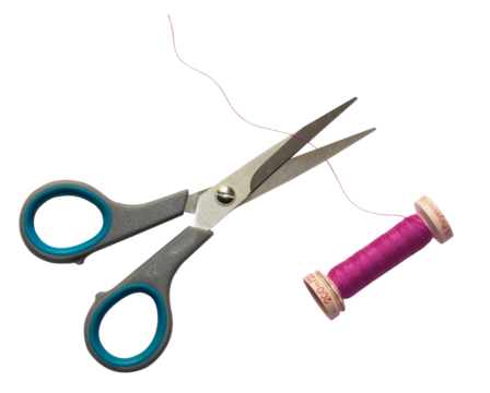 
A pair of  sewing scissors cutting pink sewing thread. Cut out on a transparent background.