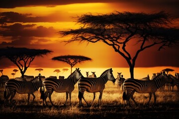 Zebras in a herd in the African savanna at dusk. Tanzania's Serengeti National Park. Africa. Generative AI