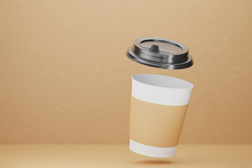 Paper cup mockup for your design. Recyclable cardboard cups balancing on a kraft cardboard background. 3d render.