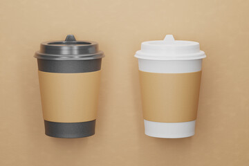 Recyclable cardboard cups. Black and white paper cup mockup with closed lids for your design. Glasses on the background of craft cardboard. 3d render.