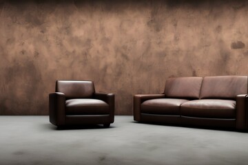 Sofa of brown leather standing in center on concrete floor against dark grey wall with copy space. Vintage brown leather sofa with grunge gray wall living room - generative ai