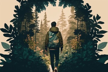 Person taking walk in nature surrounded by greenery and fresh air, concept of Peaceful and Relaxing, created with Generative AI technology